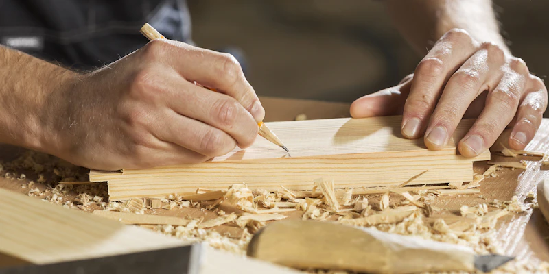 Hände zeichnen mit Bleistift eine Linie auf ein Holzbrett