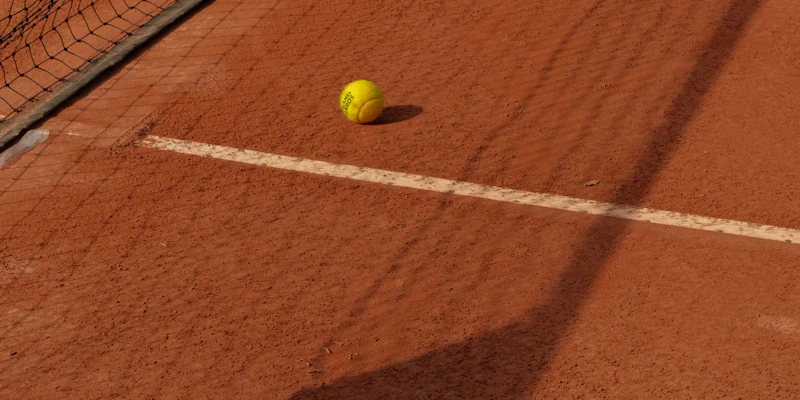 Tennisball auf einem Sandplatz vor dem Netz
