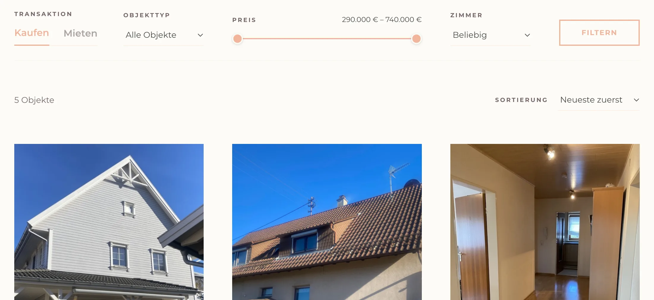 Objektübersicht von Bohl Immobilien mit Filter nach Kaufen, Mieten, Objekttyp, Preis und Zimmern über den ersten Inseraten
