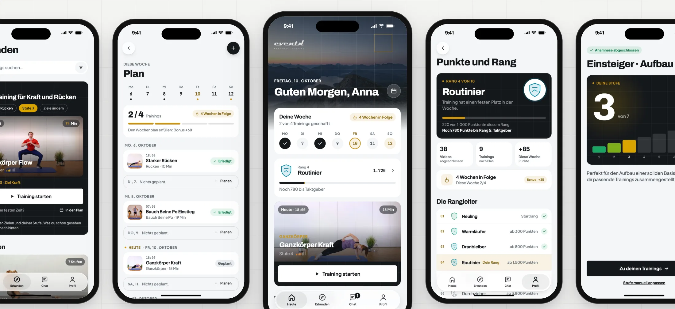 Fünf Screens der eventh-App: Erkunden, Wochenplan, Heute, Punkte und Rang sowie die Einstufung
