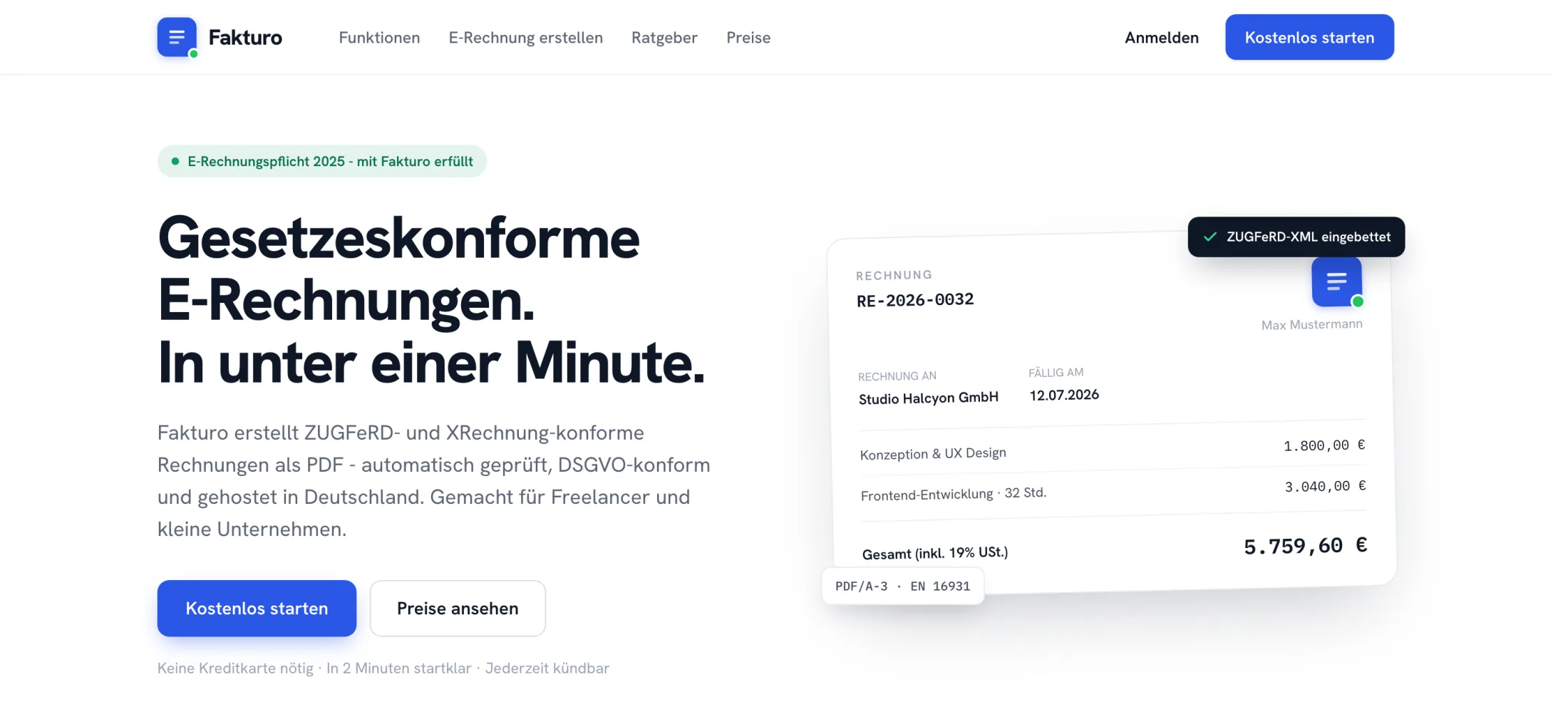 Startseite von Fakturo — gesetzeskonforme E-Rechnungen erstellen