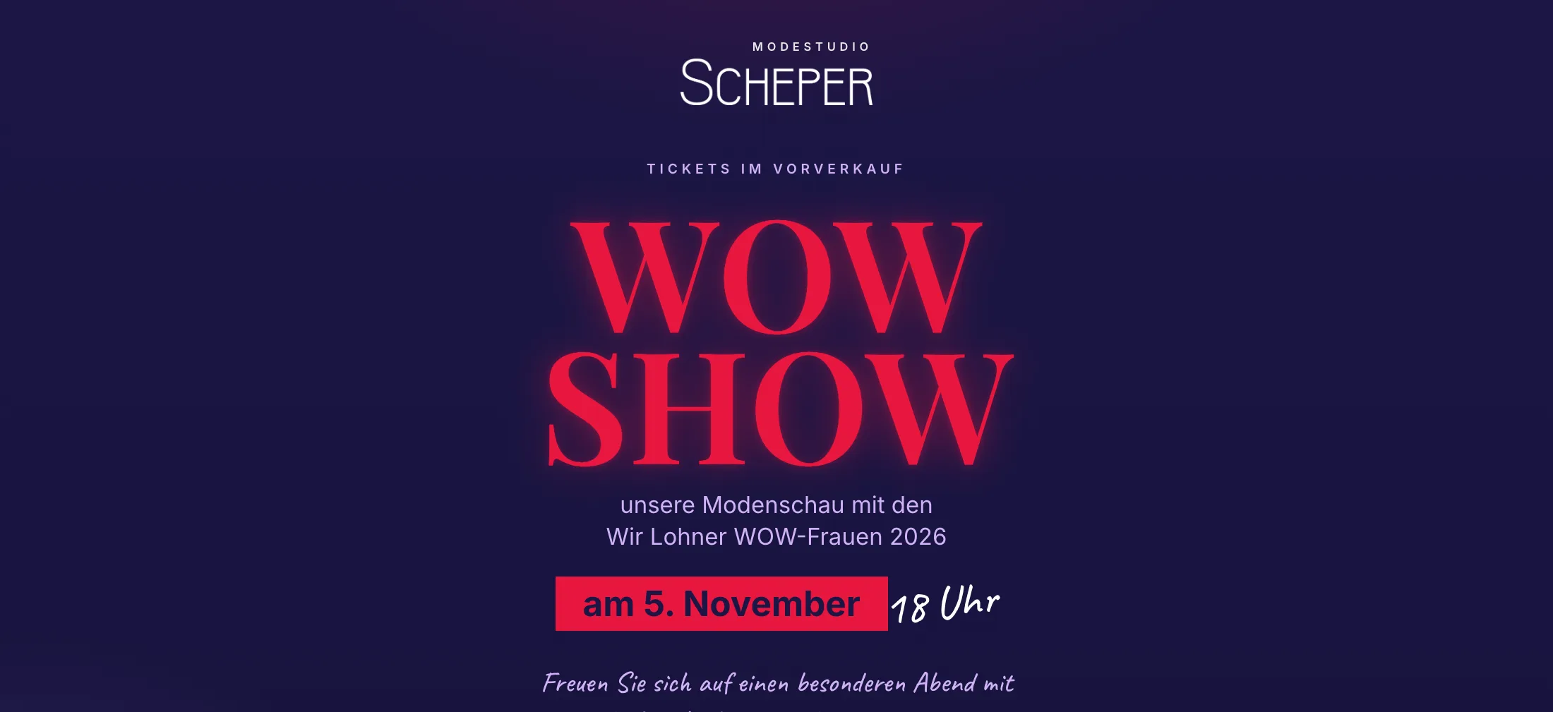 Startseite des Ticketshops mit dem leuchtend roten WOW-SHOW-Schriftzug auf dunklem Nachtblau